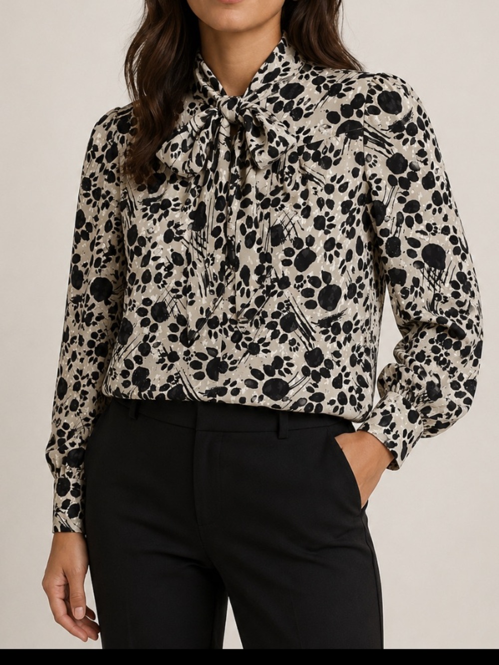 bill blass Black and Cream Tie-Neck Floral Blouse